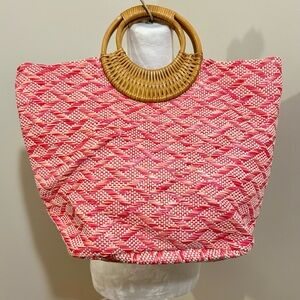 Shiraleah Pink and White Woven Tote with Bamboo Handles